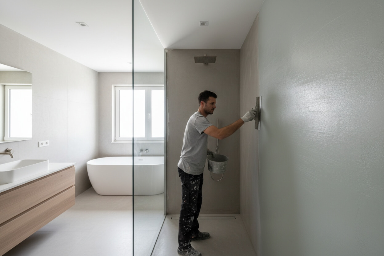 Процесс нанесения микроцемента в ванной комнате